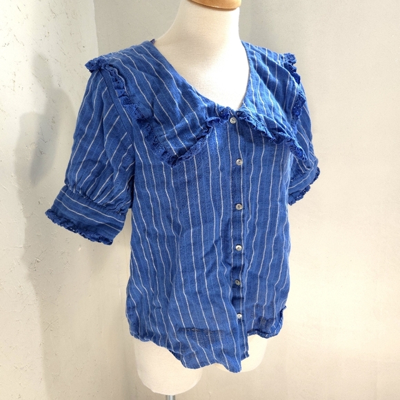 Zara | Blue and White Striped Button Up Blouse - Picture 1 of 12
